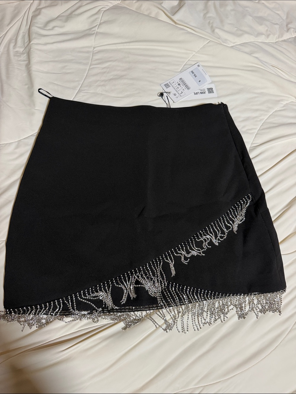 Zara Black Fringe Hem Mini Skirt with Crystal Trim Large